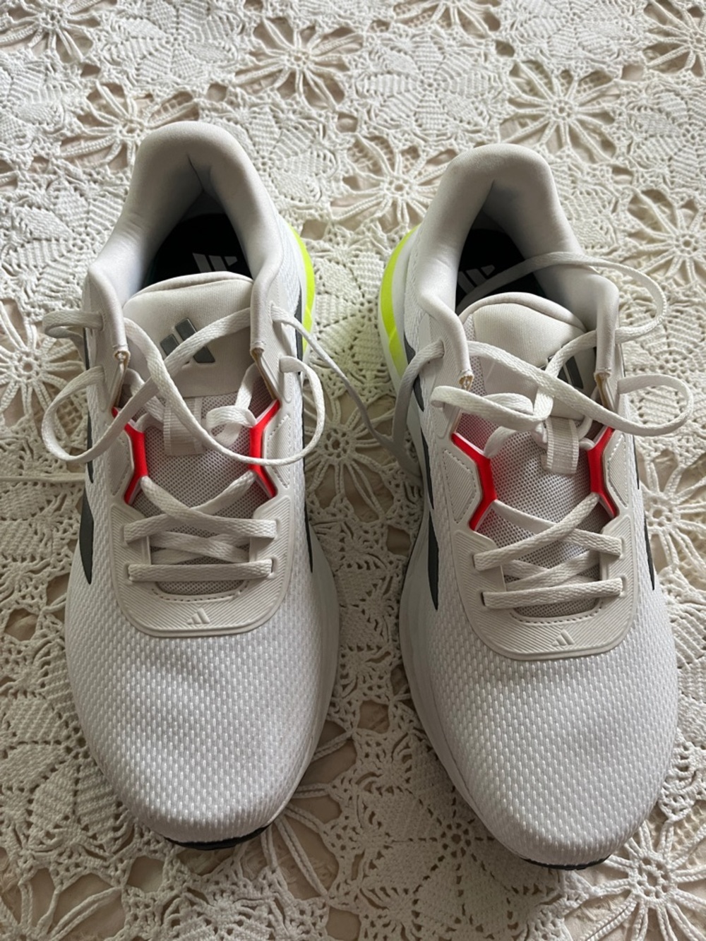 Adidas White Sneakers with Neon Yellow and Coral Accents